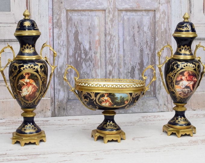 Two French Vases and Plateau - Porcelain Set - Goldene Porcelain - Porcelain with Brass - Aristocrat Design - Home Decor - Premium Gift