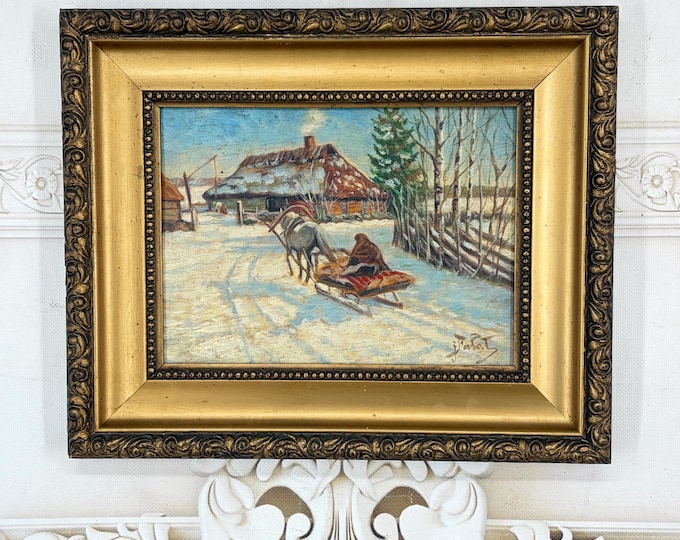 Antique Winter Village Painting – Russian Countryside Scene with Horses and Sleigh