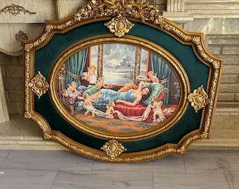 Vintage Rococo Wall Art – Gold Ornate Frame, Green Velvet, Cupid Scene Decor
