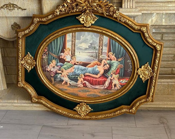 Vintage Rococo Wall Art – Gold Ornate Frame, Green Velvet, Cupid Scene Decor