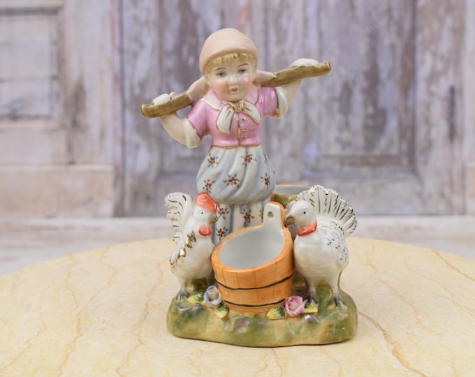 Porcelain Painted Figure Girl with Turkey - Handmade Antique Porcelain - Vintage Porcelain Gift - Unique Porcelain - Home Decor
