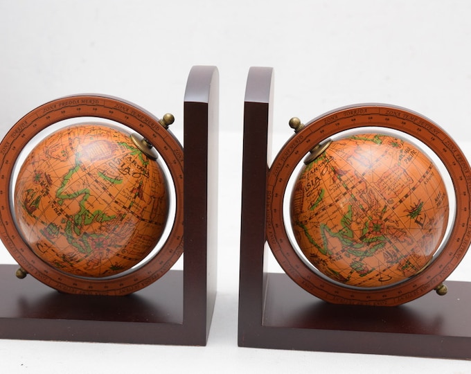 Pair Globe Bookends Globes - Wooden Globe Supports - World Globe Wooden Bookends - Spinning Globes - gift for office