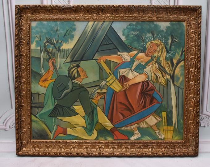 Antique Painting - Zofia Stryjenska Painting Man and Woman Highlanders - Mountain Painting - Polish Art on Canvas - Zakopane Polish Painting