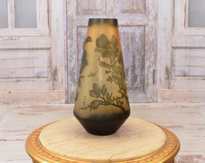 Limited Flower Vase - Green and Orange Glass Vase - Emile Galle Style - Solid and Heavy - Wedding Gift Idea - Home Decor