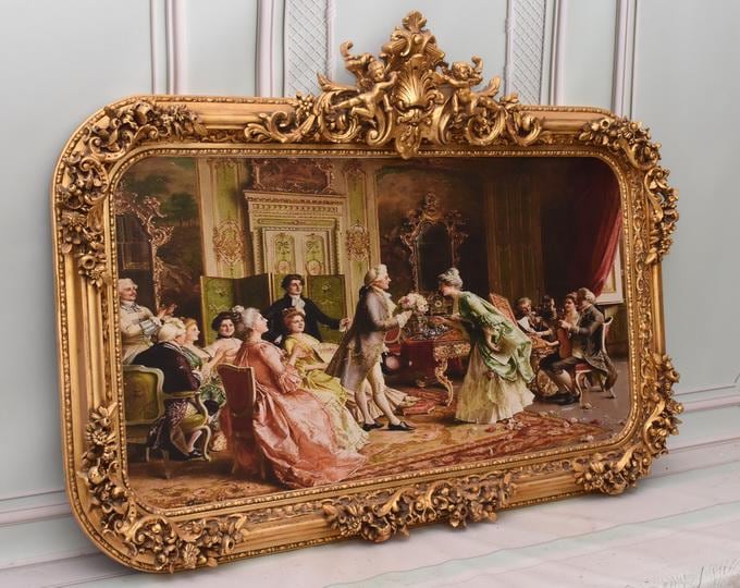 French Aristocracy Baroque Scene in Art Nouveau Frame — 103×142 cm Elegant Historical Wall Art for Salon, Study, Dining Room Gift