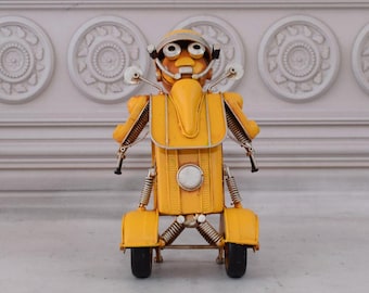 Vintage Yellow MotoRobot: Metal Motorcycle Robot Model, Collector Decor