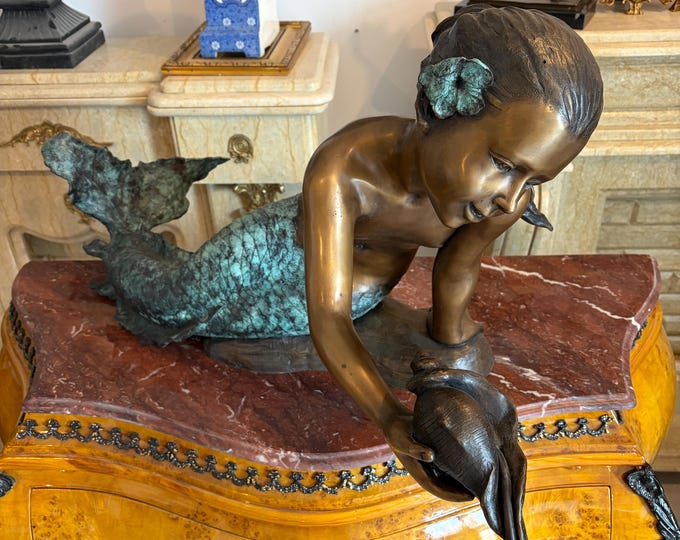 Vintage Bronze Mermaid Fountain – Signed French Mermaid with Shell Water Feature