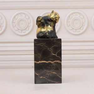 Gilded Statue Lying Panda - Unique Bronze Statue on Marble Base - Vintage Sculpture Panda - Foundry Mark - Gift for Birthday - Home Decor