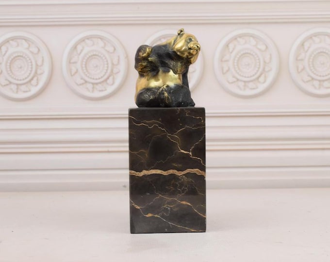 Gilded Statue Lying Panda - Unique Bronze Statue on Marble Base - Vintage Sculpture Panda - Foundry Mark - Gift for Birthday - Home Decor