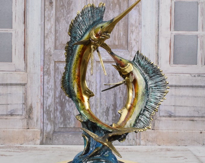 Two Large Fishes Marlins - Bronze Staute - Marlin Bronze Statue - Art Work Painted Sailfish - Gift for Fisherman - Fish Sculpture on Marble