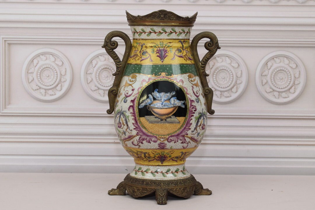 Vintage Yellow Porcelain Vase: Bronze Ornament Amphora, Regency Decor ...