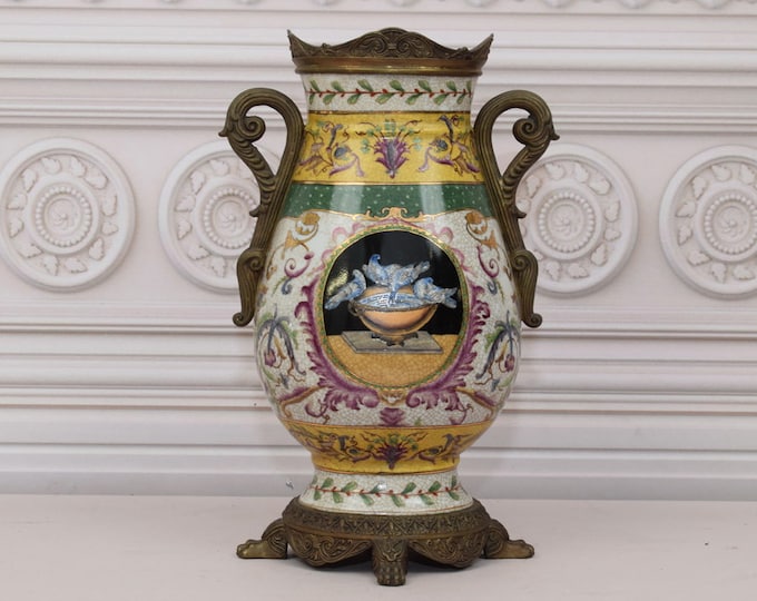 Amazing Yellow Porcelain Vase - Vintage Amphora with Bronze Ornaments - Art Work Porcelain - Regency Decor - Home Decor - Gift for Wedding