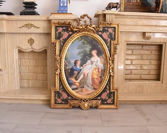 Large Vintage Aristocratic Portrait in Gold Wooden Frame, Elegant Noble Wall Art