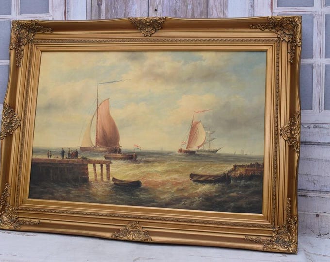Large Vintage Maritime Oil Painting - Sailing Ships and Harbor Scene