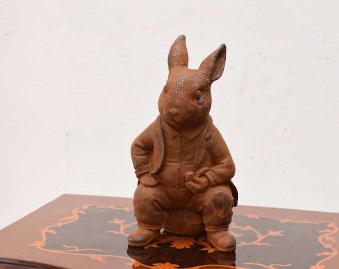 Cast Iron Hare with Pipe - Dressed Hare Rabbit - Amazing Garden Statue - Rustical Figurine Sitting Hare - Gift Idea for Garden