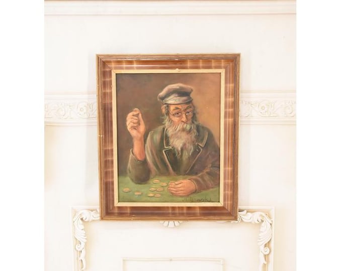 Antique Jewish Oil Painting Signed Lille: Jew with Coins, Judaica Art