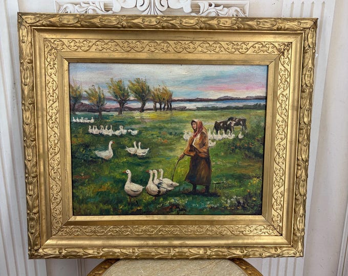 Antique Oil Painting – Goose Girl with Geese – Wall Decor - Gift Idea - Axentowicz ART