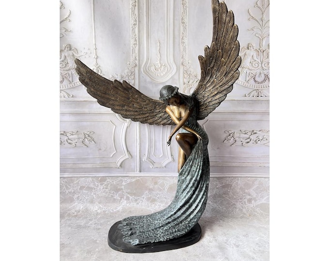 Winged Girl Sculpture – Large Bronze Woman Figure – Garden Art – Mythological Decor