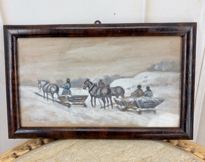 A. Setkowicz Antique Watercolor Painting - Winter Horse Sleigh Scene - Signed Polish Art - Ornate Frame