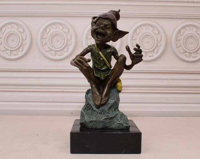Sittiing Funny Goblin - Bronze Statue on Marble Base - Funny Gnome Pixie Bronze Sculpture - Gift Idea Elf Bronze - Timeless Art - Home Decor