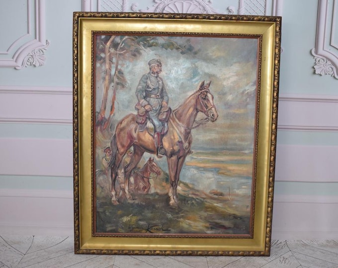 Antique Oil Painting of Piłsudski on Chestnut Horse – Vintage Polish Art on Canvas – Historical Military Portrait – Wall Decor