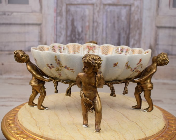 Porcelain Plateau - Four Angels Bronze - Porcelain with Bronze Ornaments -  Flowers Design - Home Decor - Kitchen Decor - Gift for Wedding