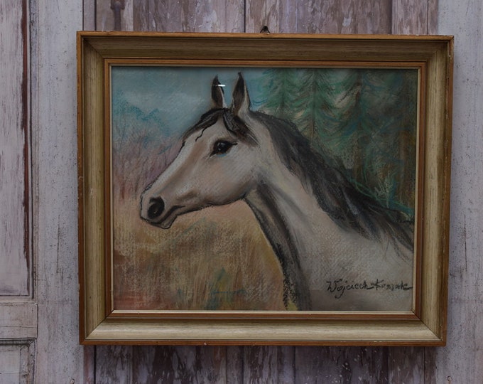 Amazing Painting Horse Head Kossak Old Painting - Handmade Painting - Old Pastel on Drawing - Nice Horse - Polish Art - Wall Decor Horse Art