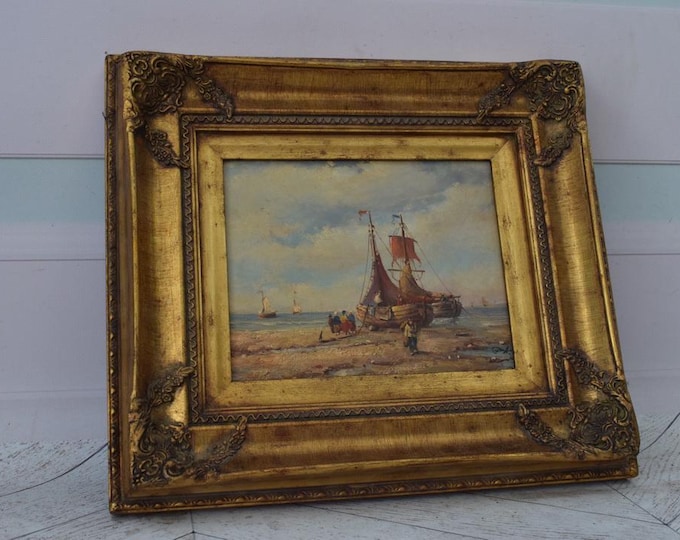 Vintage Painting Fishermen on Boat - Painting with Gold Frame - Sea Lovers Art - Painting HandMade Wall Decor - Home Decor - Gift Idea