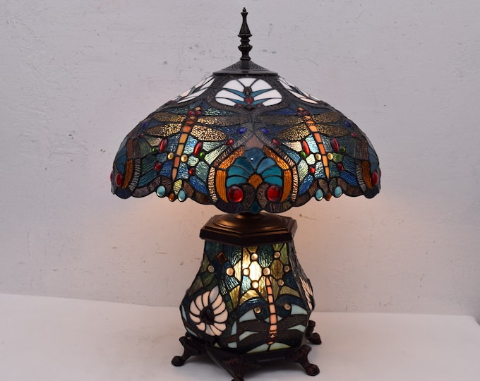 Blue Tiffany Style Lamp, Table Dragonfly Lamp, Flower Stained Glass, Bedside Lamp, Atmospheric Lamp Office Gift, Amazing Desk Lamp