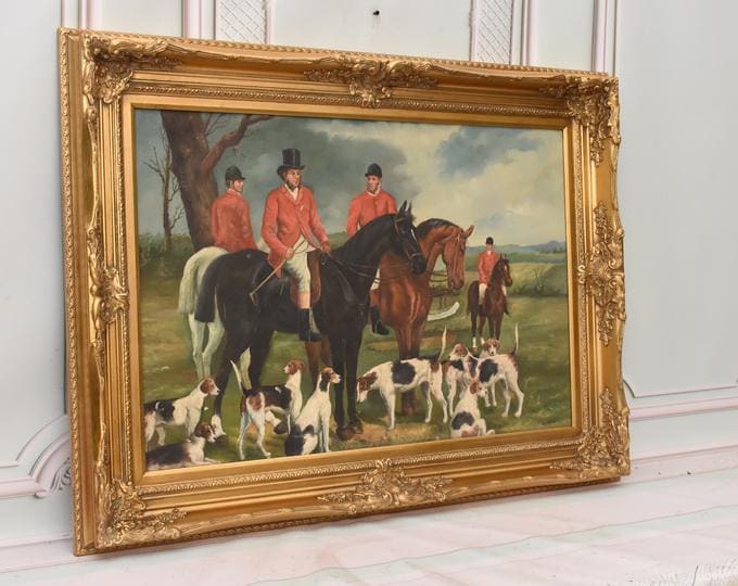 Large French Hunting Scene Wall Art | Vintage Style Painting in Ornate Gold Frame | Horsemen with Dogs