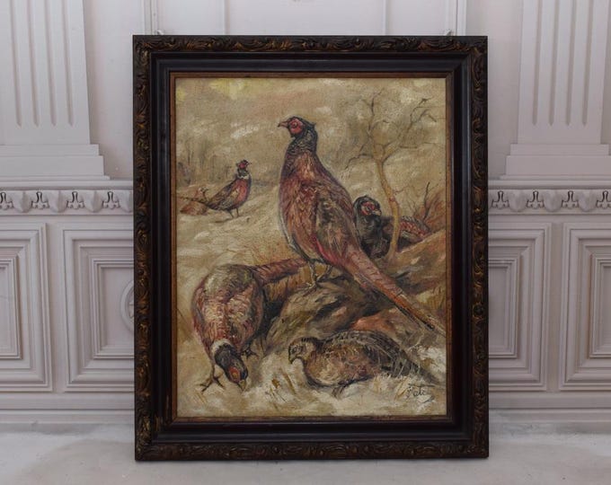 Antique Painting Oil on Canvas Landscape Pheasants - Family Pheasants - Falat Handmade Painting - Polish Landscape - Wall Home Decor