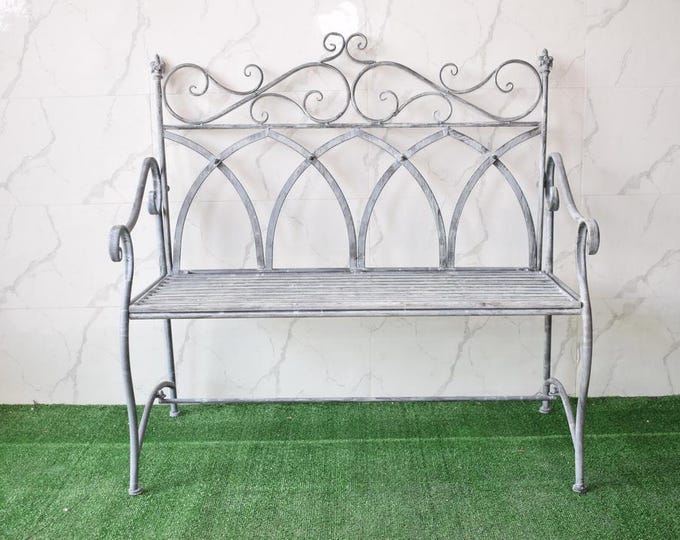 Rustic Metal Garden Bench – Vintage Style Outdoor Decor – Patio Iron Bench – Shabby Chic Garden Furniture – Lawn Decoration