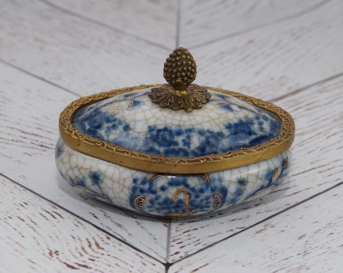 Blue Porcelain Casket - Flower Design - Bronze Ornaments - Vintage Porcelain - Exclusive Gift for Birthday - Home Decor