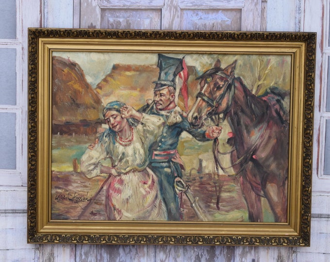 Antique Painting Polish Lancer and Highlander Woman - Old Oil on Canvas - Polish Soldier at Horseback - Gift Idea - Wall Art Decor