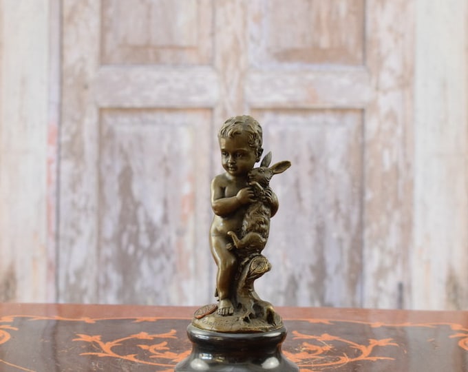 Boy With Rabbit - Bronze Statue Sculpture - Young Boy with Hare - Gift Idea - Home Decor - Richly Decorated