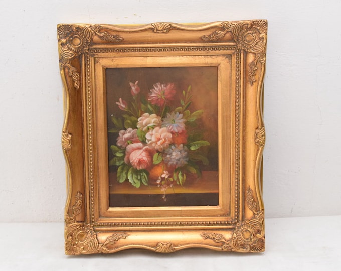 Flowers Painting in Golden Frame Oil on Wood - French Art - Flower Wall Decor - Luxury Gift