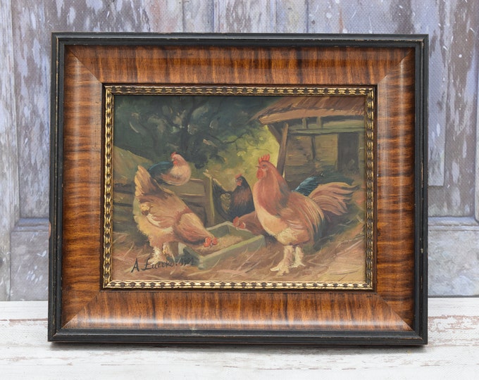 Rooster and hen in the henhouse - antique painting 1902 oil on wood - painting farm - gift for farmer - wall decor - home decor