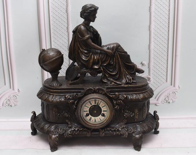 Antique Bronze Mantel Clock – Female Figure, Sculptural Art Deco Clock