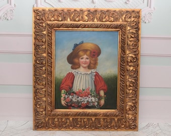XL Vintage French Oil Painting: Girl with Flowers in Golden Frame