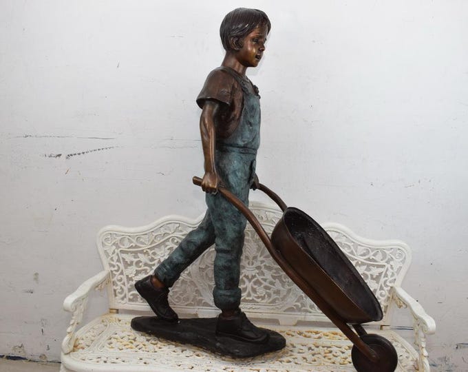 Boy With Wheelbarrow - Outdoor Bronze Sculpture - Young Boy Statue - Home and Garden Figure - Vintage Gift Idea - Vintage Art