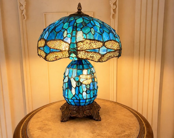 Blue Dragonfly Stained Glass Table Lamp – Illuminated Art Nouveau Lighting