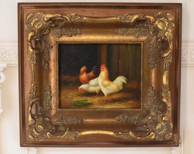 Wonderful Painting Family Rooster and Hen - Painting in Golden Frame - Painting Art Work - Wall Decor - Amazing Home Decor