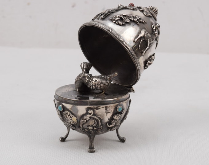 Heavy Hunter Silver Egg – Russian 84 Silver Hunting Egg 408g, Art Nouveau Birds, Elegant Wedding Gift, Antique Silver Gift For Hunter
