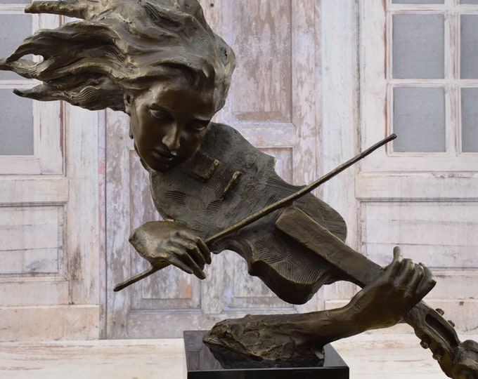Large Modernist Bronze Violin Player Sculpture on Marble Base - Elegant Gift for Artist - Violin Sculpture - Unique Gift Idea - Home Decor