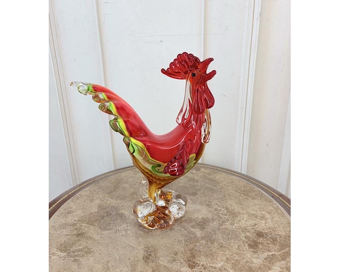 Murano Style Rooster Glass Figurine: Rainbow Venetian Decor