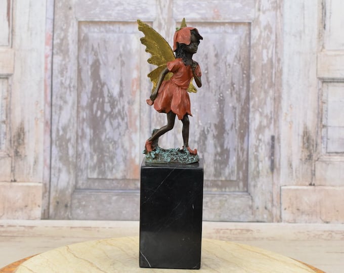 Elf Thumbnail with Wings Bronze Sculpture - Young Girl with Wings Statue - Vintage Statue - Foundry Mark - Home Office Decor - Gift Idea