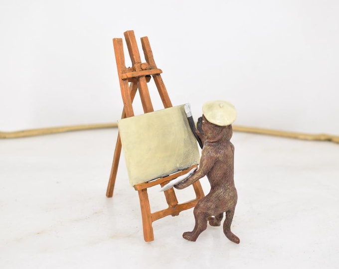 Bronze Dog Painter Figurine with Easel – Vienna Bronze Style Collectible – Whimsical Artist Dog Sculpture – Unique Gift for Art Lovers