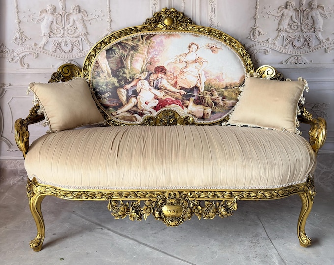 Royal Baroque Sofa - Vintage Giltwood Settee - Aristocratic Scene Upholstery - Elegant 2-Seater