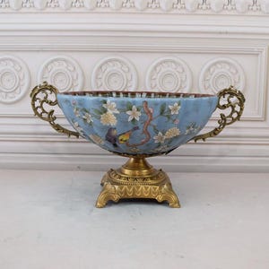 Porzellanschale mit Bronze Verzierungen - Vogel und Blumen Motiv - Bunte Plateau Antike Porzellan - Home Decor - Geschenk für Hochzeit Geburtstag