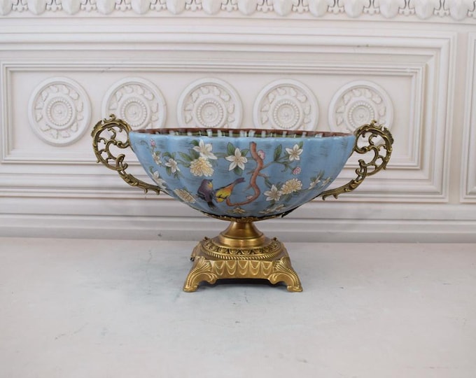 Porcelain Bowl with Bronze Ornaments - Birds and Flowers Motif - Colorful Plateau Antique Porcelain - Home Decor - Gift for Wedding Birthday